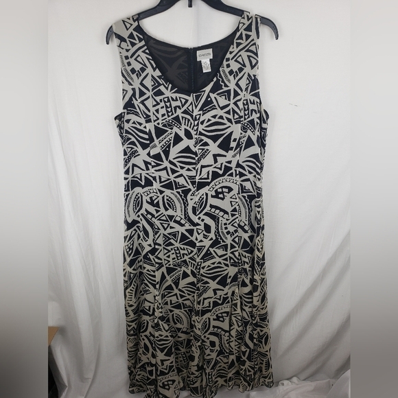 Chico's Black And Taupe Abstract Shapes Sleeveless Maxi 100% Silk Dress Sz L - Picture 2 of 10